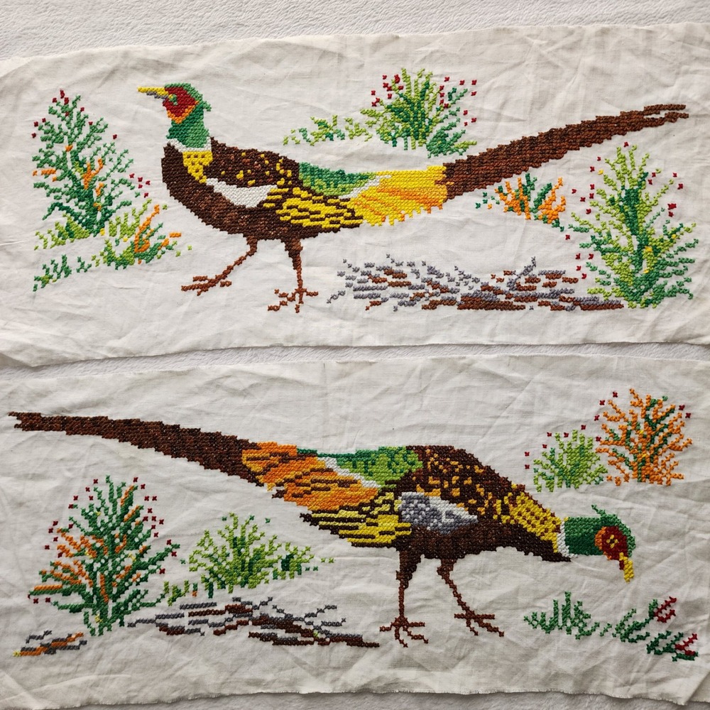 Vintage Pheasant Cross Stitch Panels Set of 2 Handmade Folk Art Cabin Decor Art